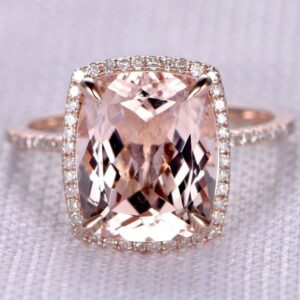 5.00 carat Cushion cut Natural Morganite Halo Ring,14k Rose Gold