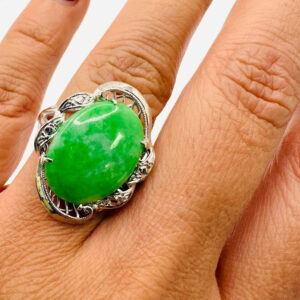 Christmas Savings Natural Jade Dinner Ring 13x17mm in White Gold