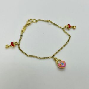 18 Karat Gold Baby Bracelet 5" Long with Enamel Heart Beads